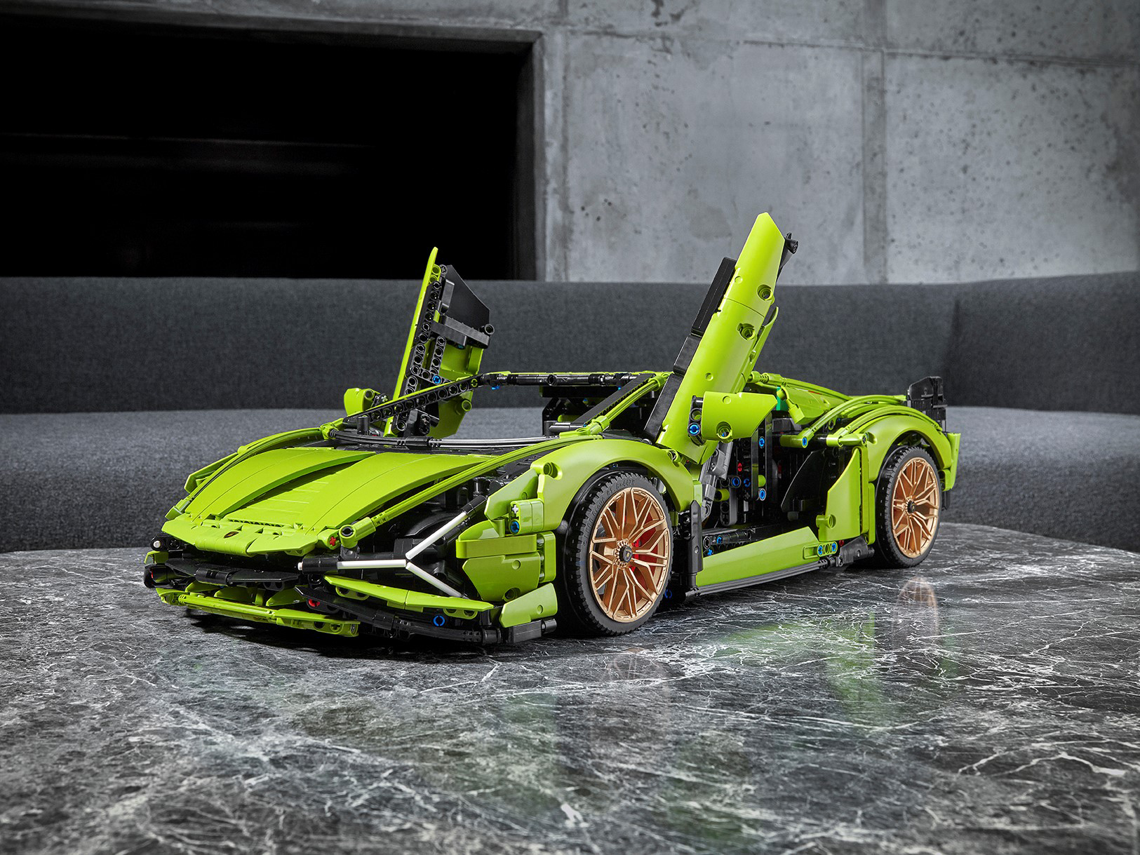 Modern LEGO Technic supercar with green bodywork and shaped panels