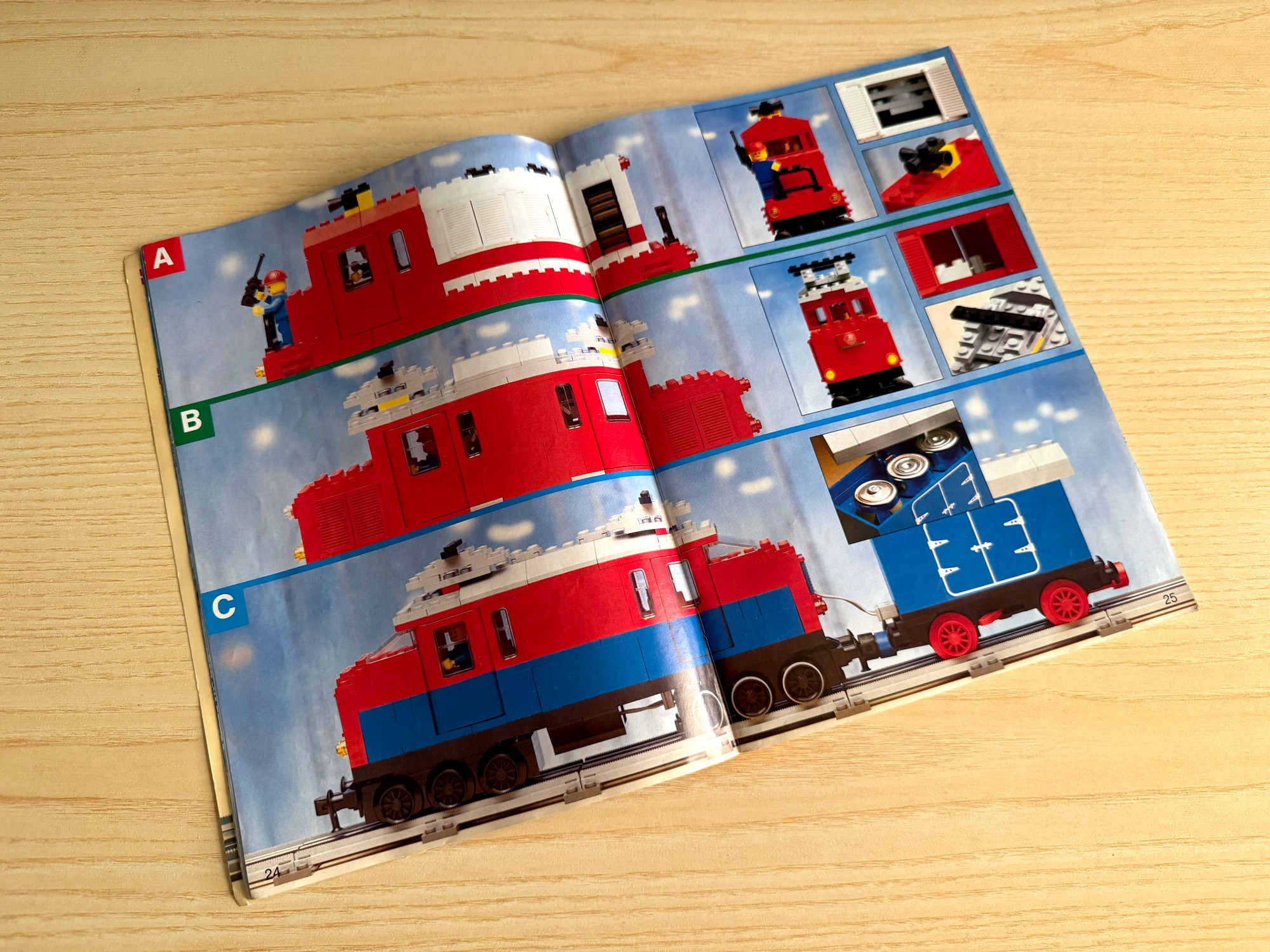Pages from the LEGO Trains Ideas Book 7777 showing locomotive and wagon variants